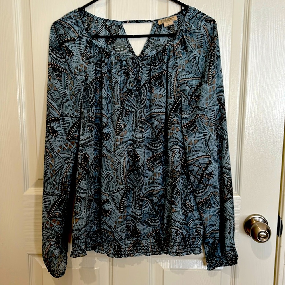 Lucky Brand Womens Blouse L Blue Pleated Boatneck Geometric Abstract